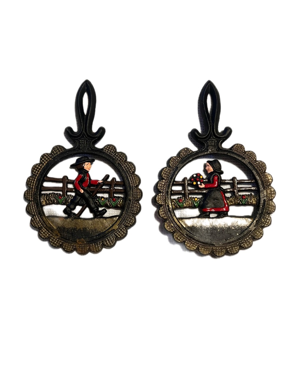 Dalecraft Cast Iron Amish Trivets - Vintage Hand-Painted Folk Art Man & Woman